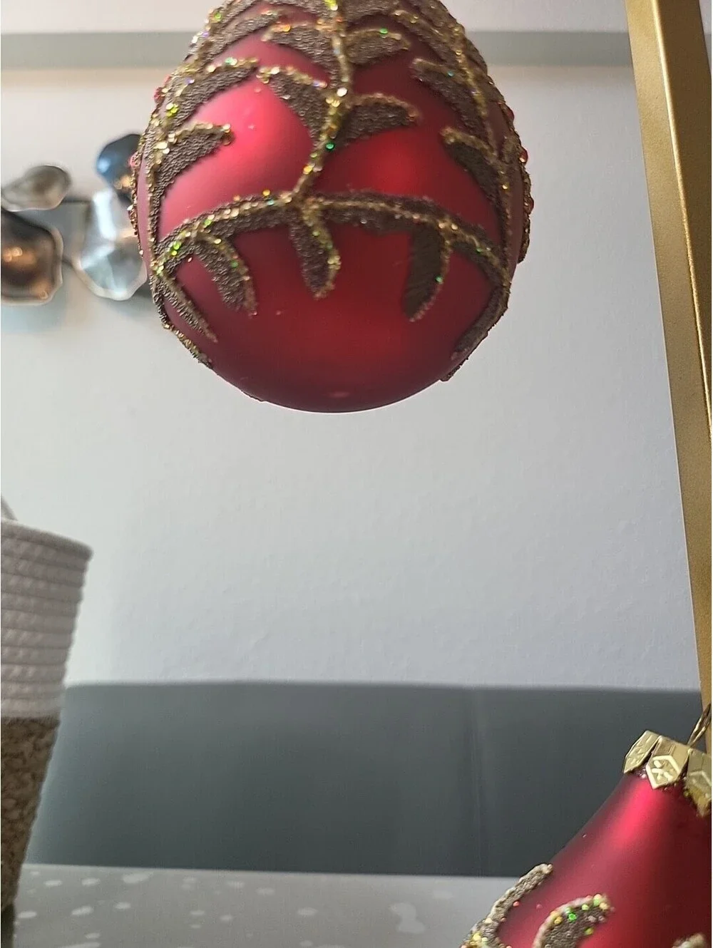 Vintage Set Mercury Glass Finial Red Gold Rhinestones Christmas Ornament 5.5